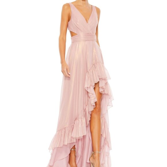 NWT MAC DUGGAL 49526 CUT OUT HIGH LOW RUFFLE ROSE GOLD GOWN PROM 49526 - Picture 1 of 9